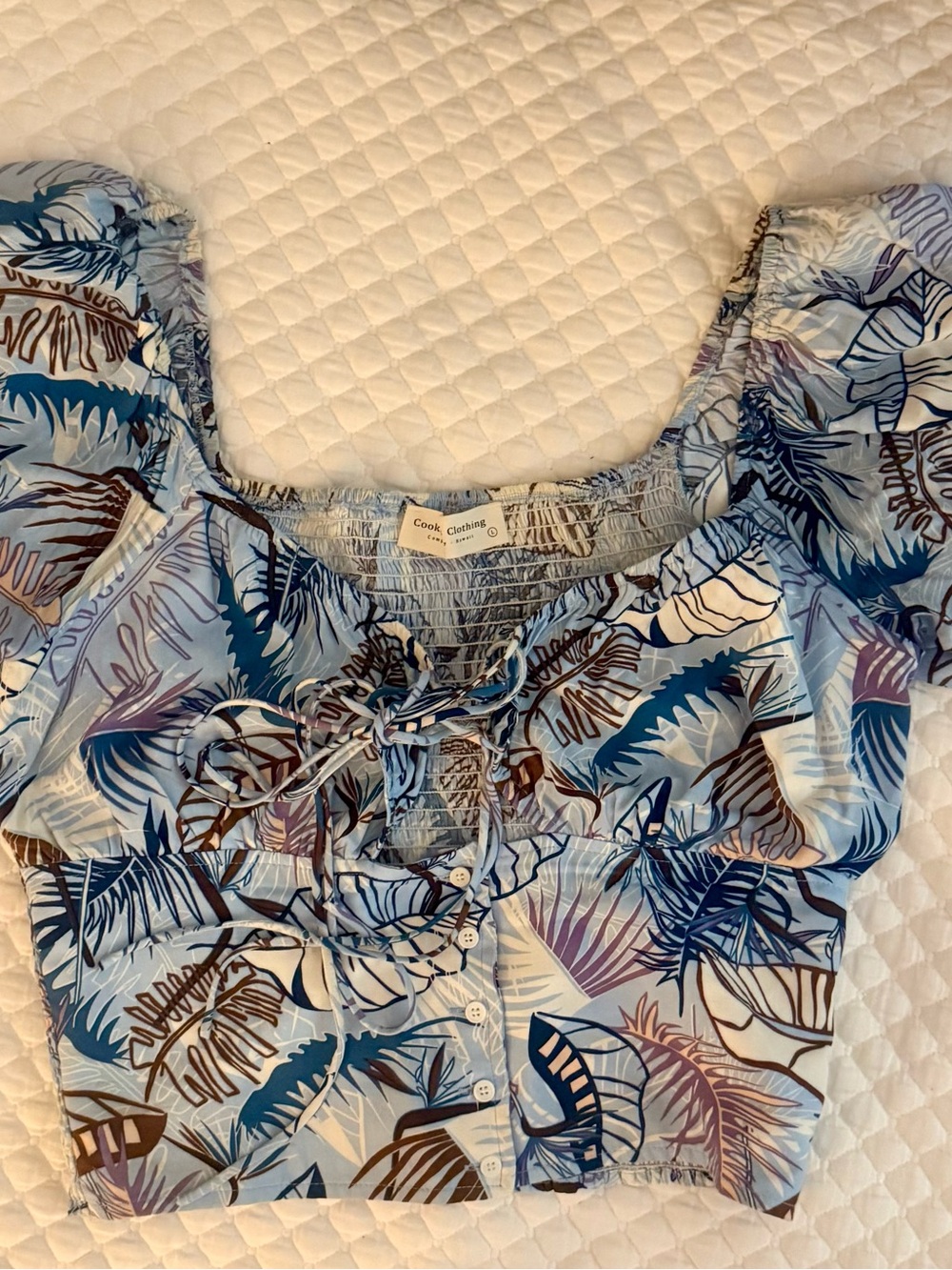 Light Blue Tropical Tie-Front Puff Sleeve Crop Top